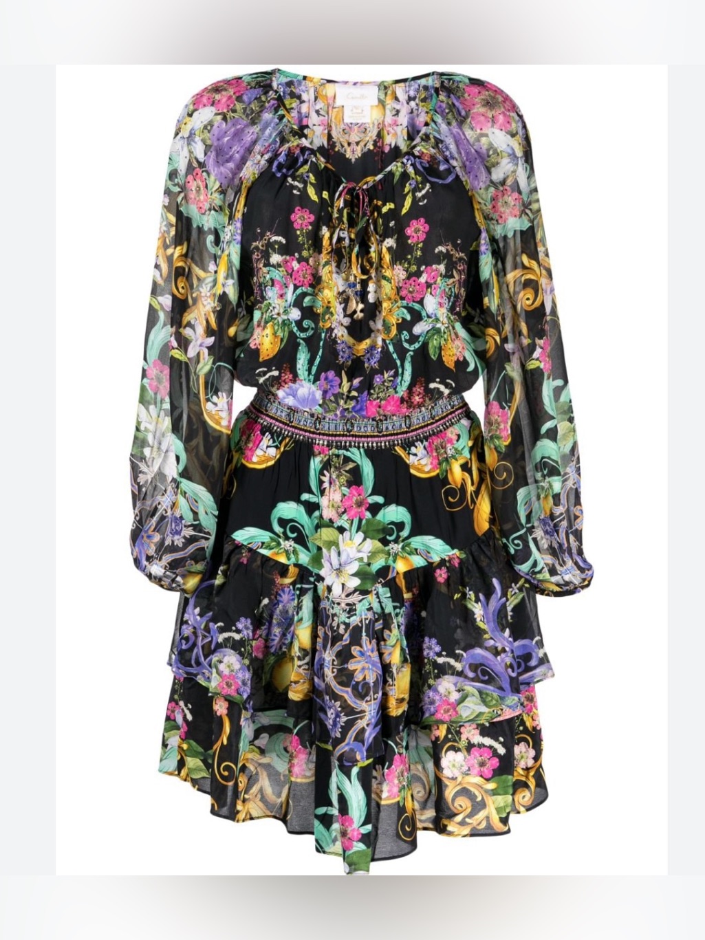 Camilla Graphic Print Silk Minidress In Black Floral Crystals Long Sleeve Sz M